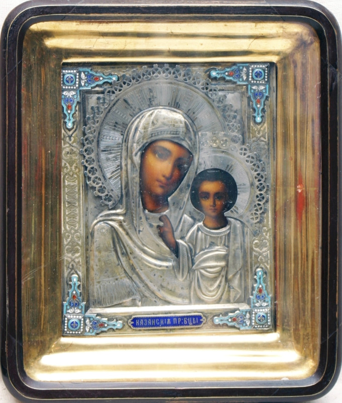 Antique 19c 84 Silver Enamel Russian icon of Kazan Mother of God (37848)