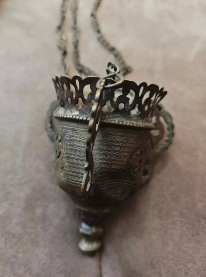 Antique 19c Russian Brass lampada & chain