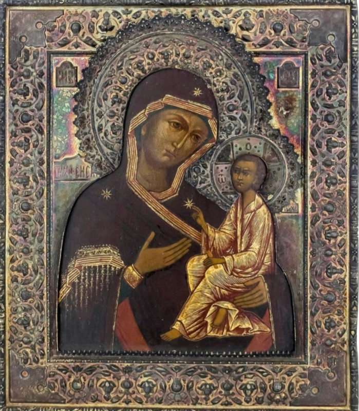 Antique 19c 84 Silver Russian icon of Tikhvin (1879)