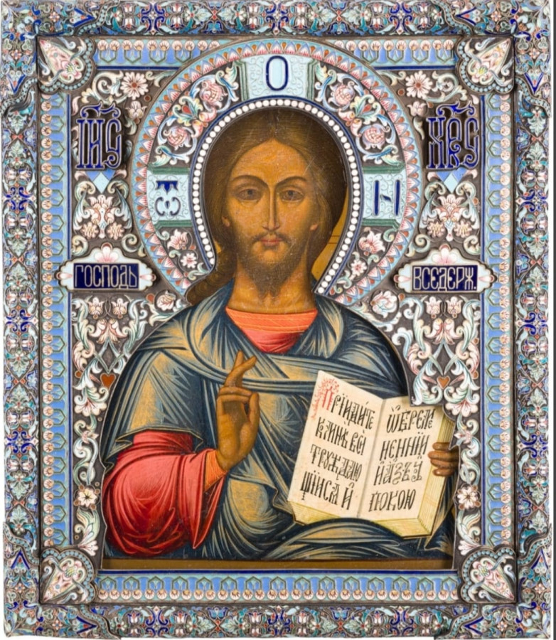 Antique 84 Silver Enamel Russian icon of the Christ Almighty by Ovchinnikov(4500)