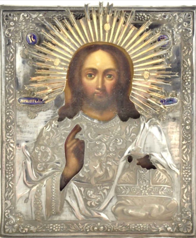 Antique 19c 84 Silver Russian icon of Christ (13854)