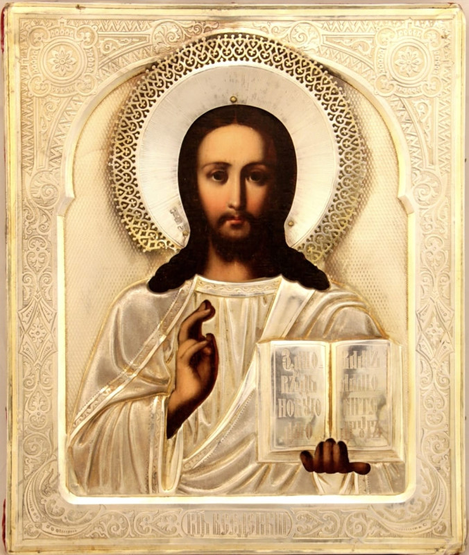 Antique 19c 84 Silver Russian icon of the Christ (9256)