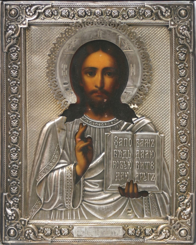 Antique 19c 84 Silver Russian icon of Christ (4536)