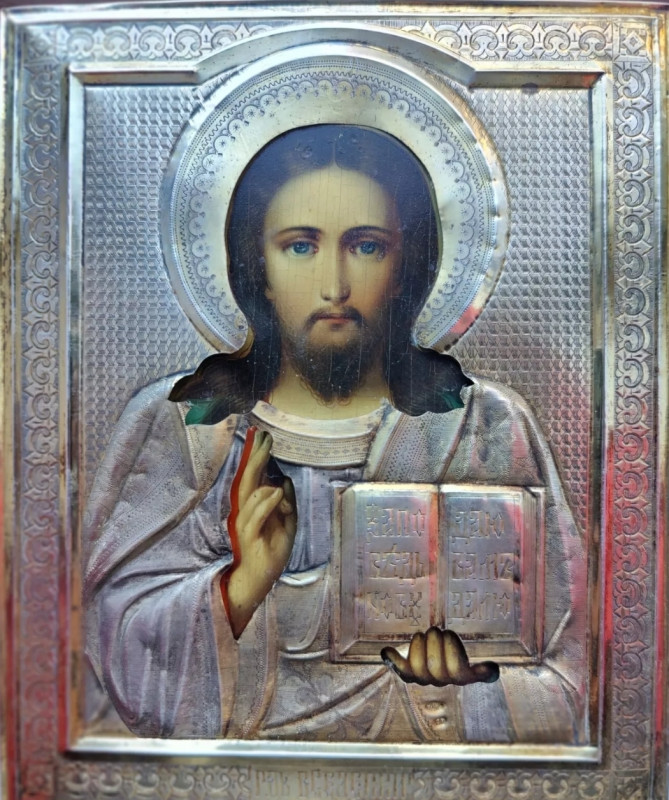 Antique 19c 84 Silver Russian icon of Christ (1123)