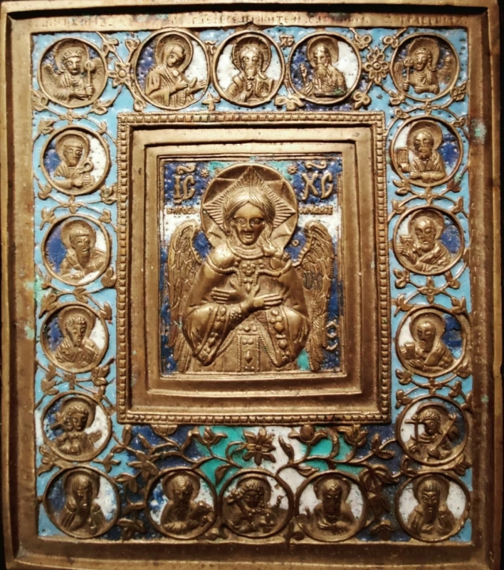Antique 19c Color Enamel Bronze Russian icon of Christ Blessed in Silence