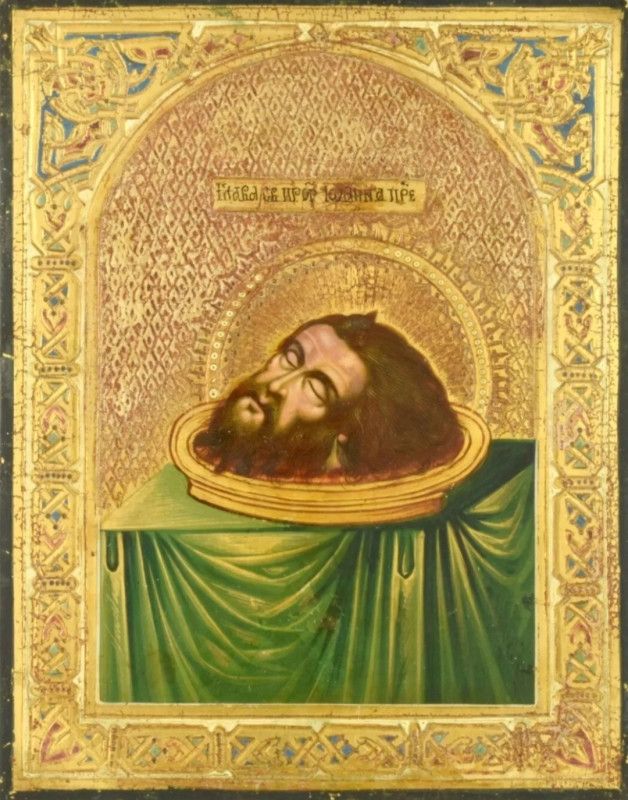 Antique 19c Russian icon of Head of St John (13700)