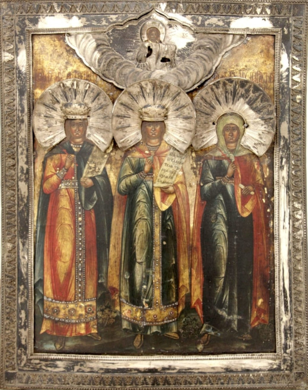 Antique 19c 84 Silver Russian icon of the Three Saints (11531)