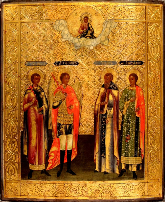Antique 19c Russian icon of St Mihail (Michael)& Saints (5641)