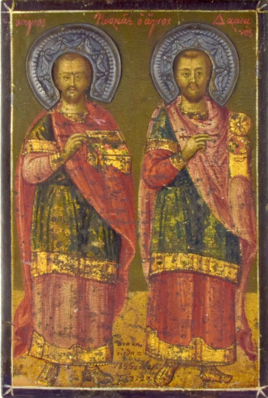 Antique 19c Russian icon of Cosmas & Damian (1374)