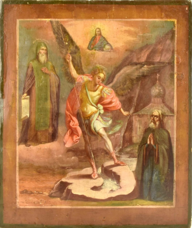 Antique 19c Russian icon of Miracle of St Mihail in Khoneh (14165)