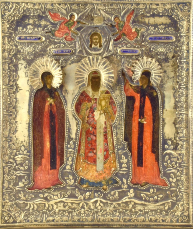 Antique 19c 84 Silver Russian icon of the Three Saints (14222)