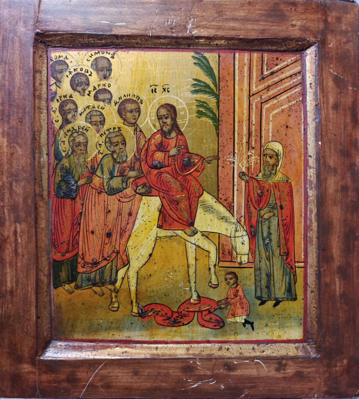 Antique 19c Russian icon of the Palm Sunday (7045)