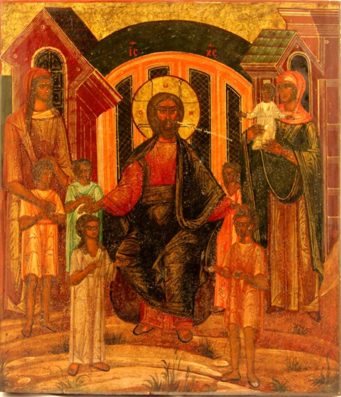 Antique 19c Russian icon of Christ Blessings Children (8440)