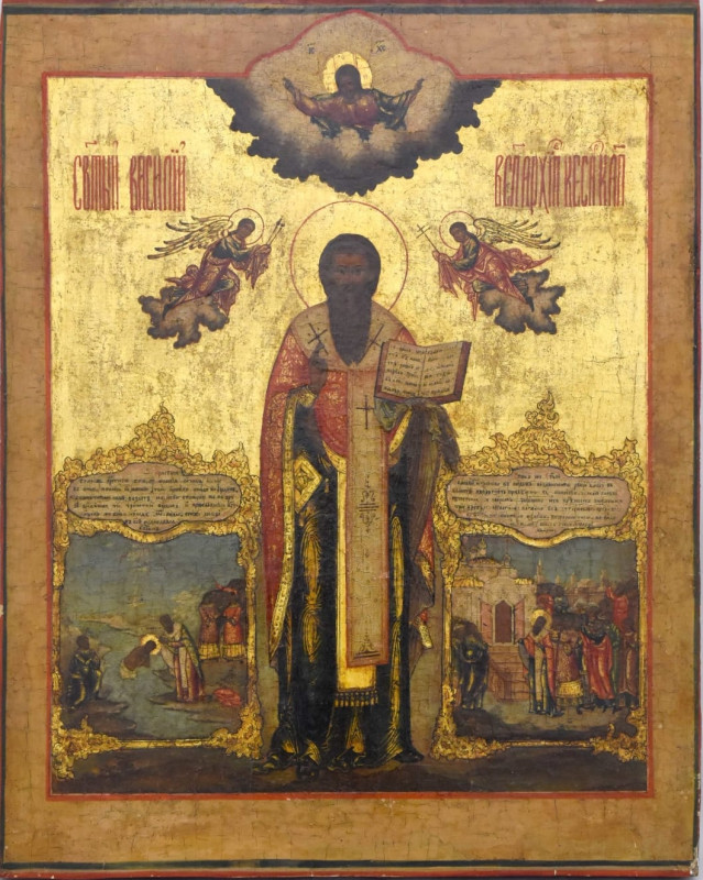 Antique 18c Russian icon of St Basil in life(1306)