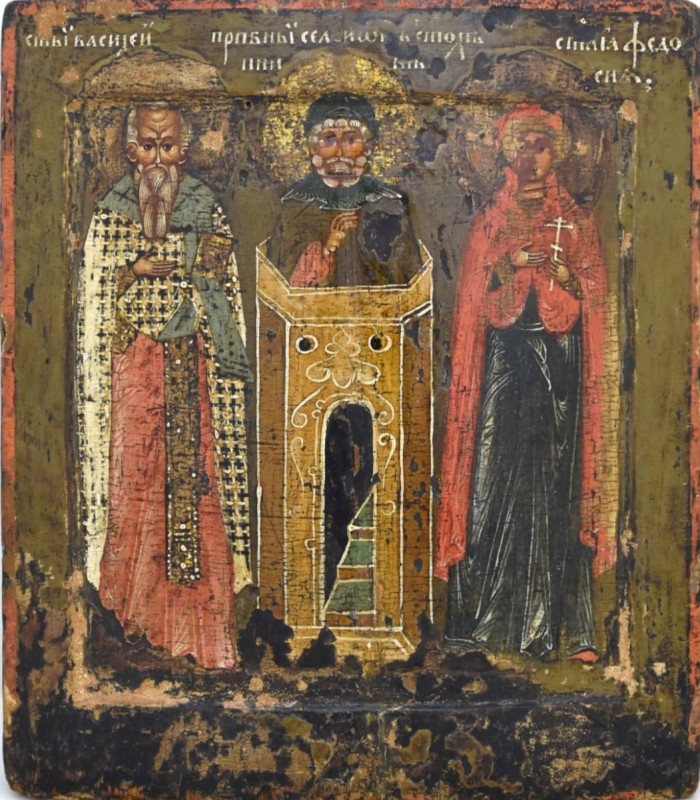 Antique 16c Russian icon of the Three Saints (12653)