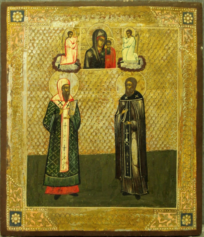 Antique 19c Russian icon of Veneration of Kazan(6958)