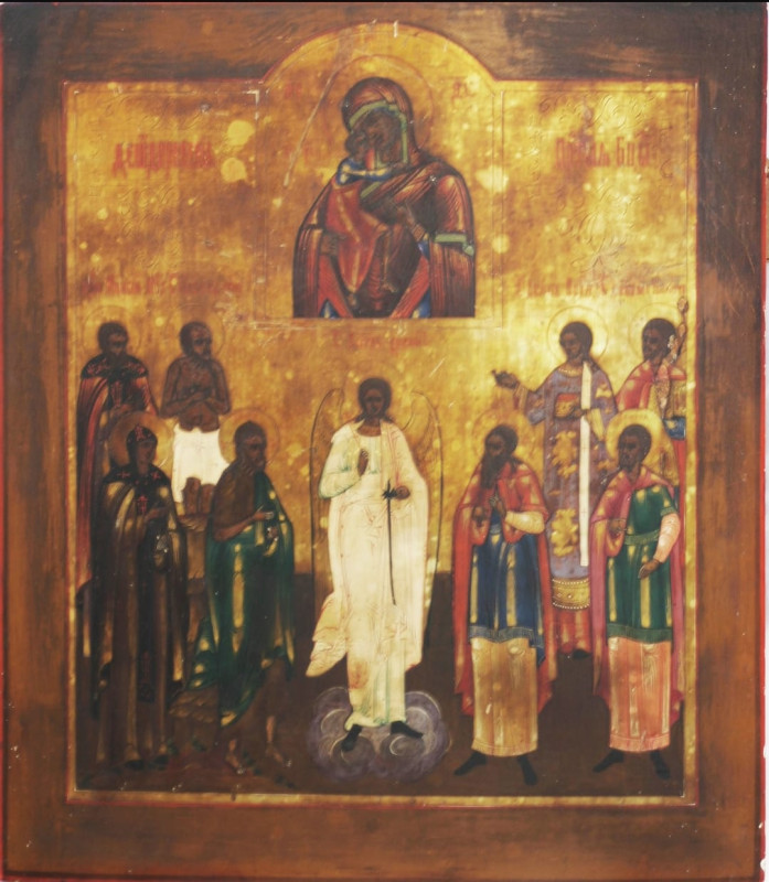 Antique 19c Russian icon of Veneration of Fedorovskaya(4793)