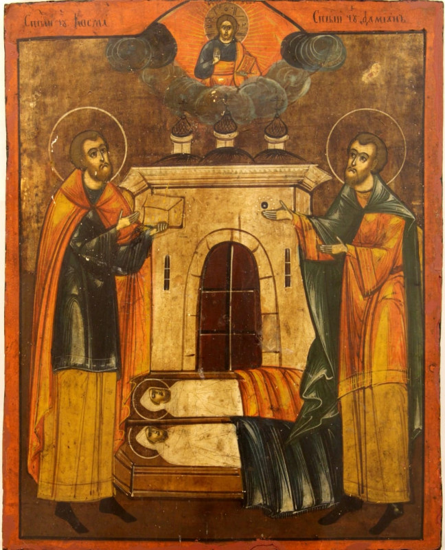 Antique 19c Russian icon of Cosmas & Damian (8964)