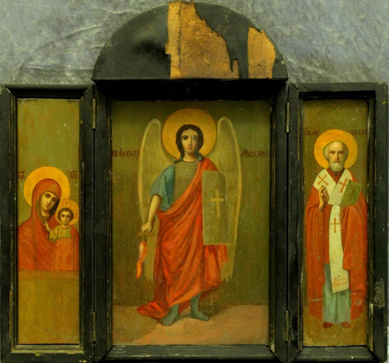 Antique 19c Russian icon of St.Mihail & Saint tryptic (7181)