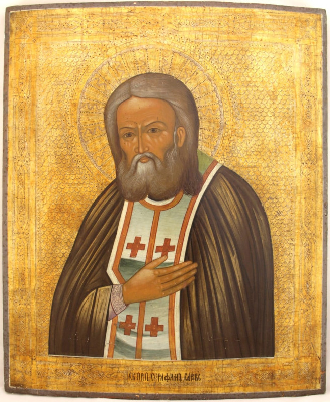 Antique 19c Russian icon of Serafim (9099)