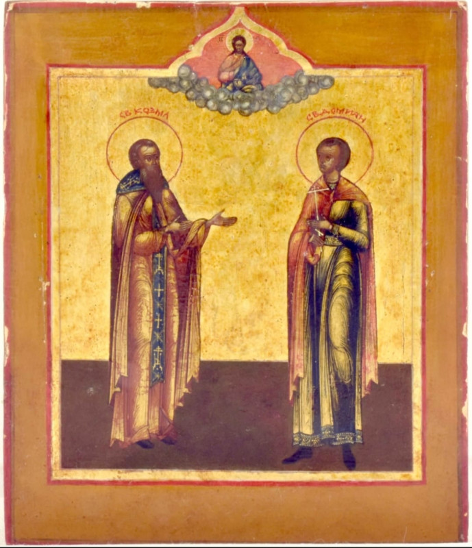 Antique 19c Russian icon of Cosmas & Damian (13511)