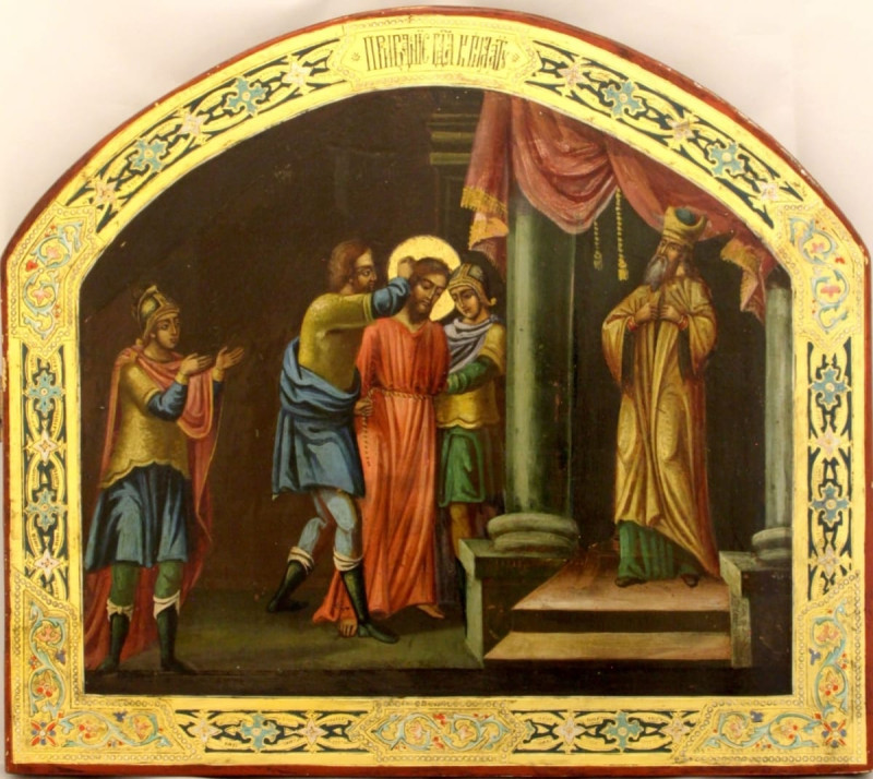 Antique 19c Russian icon of Christ in front of Pilatus (9516)