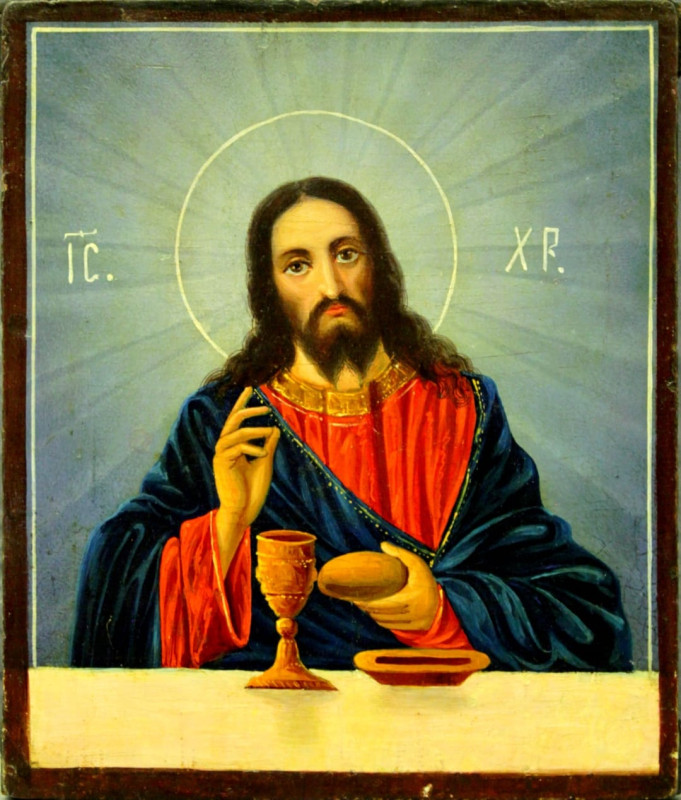 Antique 19c Russian icon of Christ Blessings the bread & wine (7112)