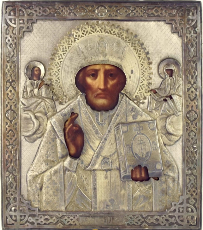Antique 19c Russian 84 Silver Icon of St Nicholas (13697)