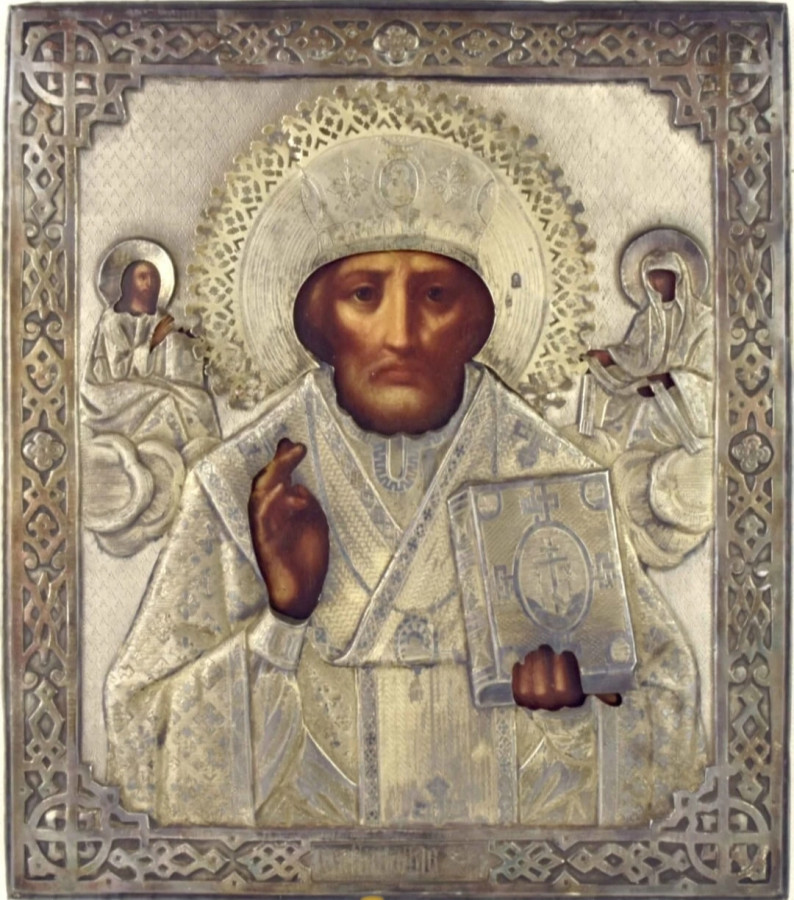 Antique 19c Russian 84 Silver Icon of St Nicholas (13697)