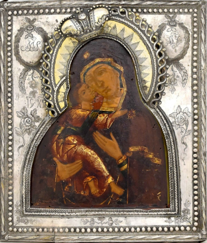 Antique 18c 84 Silver Russian icon of Vladimir Volokolamskaya (12673)