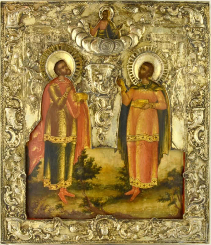 Antique 18c 84 Silver Russian icon of Cosmas and Damian (13641)