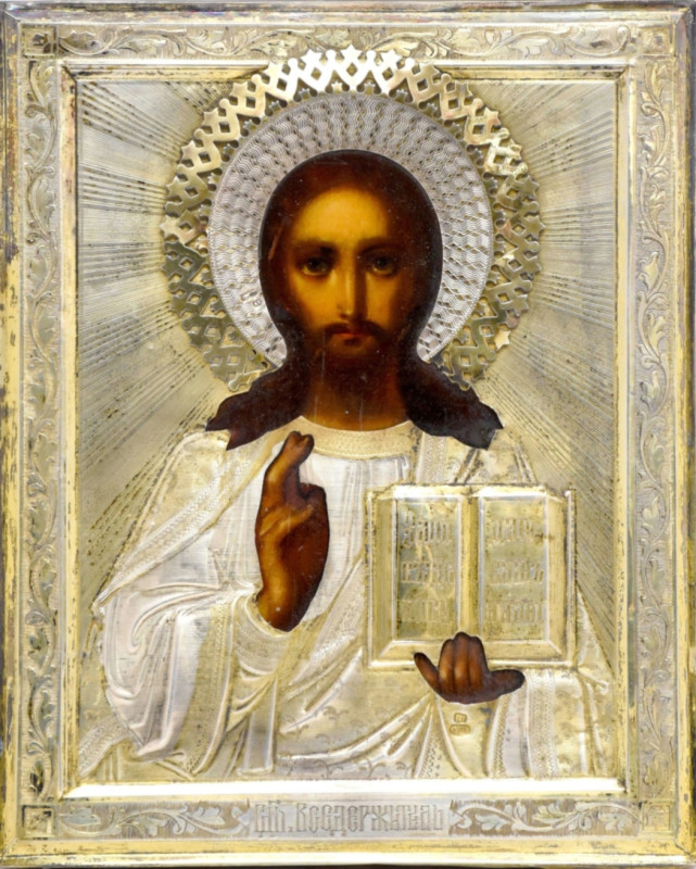 Antique 19c 84 Silver Russian icon of Christ (12036)