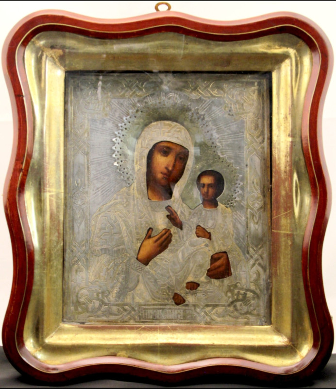 Antique 19c 84 Silver Russian Icon of Iverskaya & Kiot (89971)