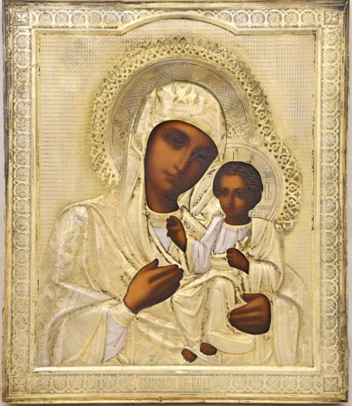 Antique 19c 84 Silver Russian icon of Iverskaya (14293)