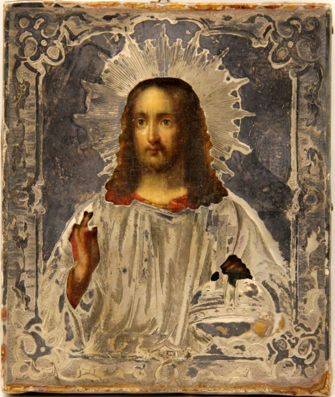 Antique 19c Silver Russian icon of Christ (8687)