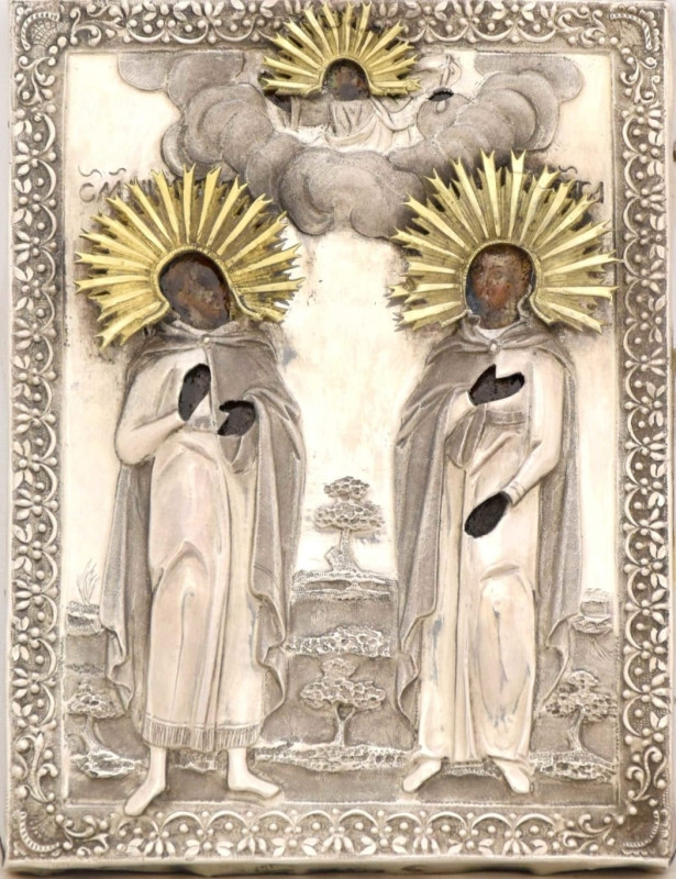 Antique 19c 84 Silver Russian icon of St Nikander & St Alexander (12584)