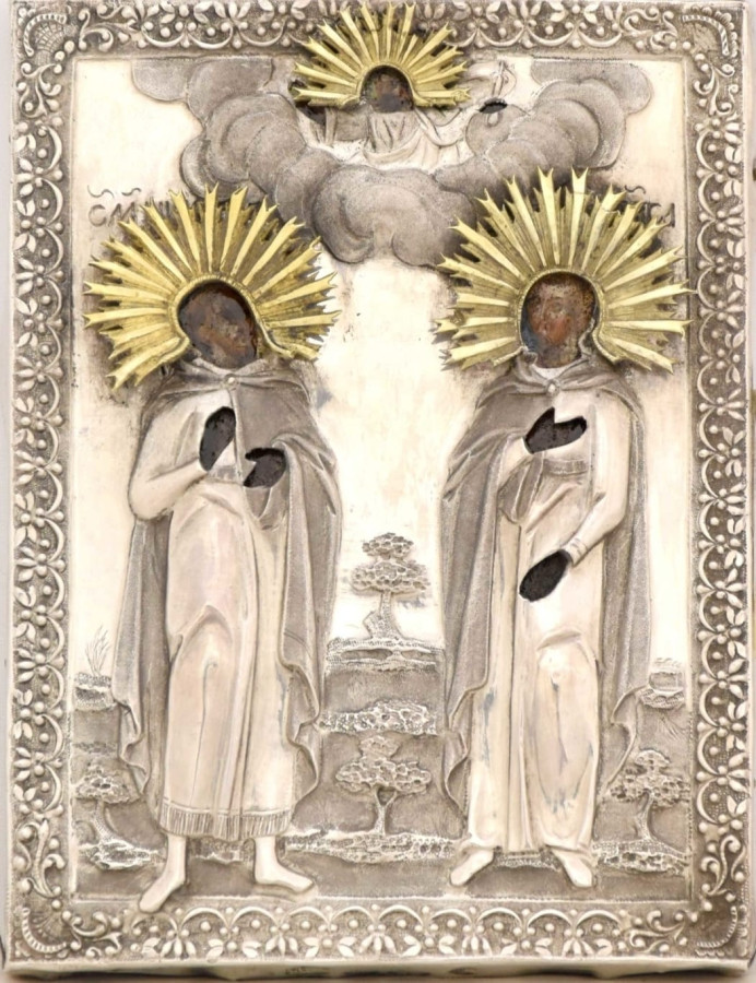 Antique 19c 84 Silver Russian icon of St Nikander & St Alexander (12584)