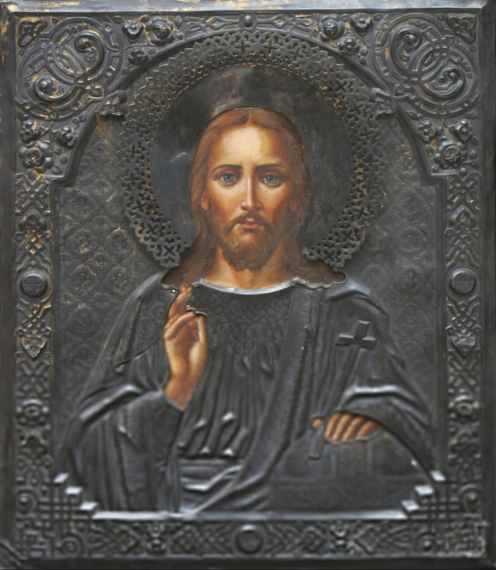 Antique 19c 84 Silver Russian icon of Christ (44792)