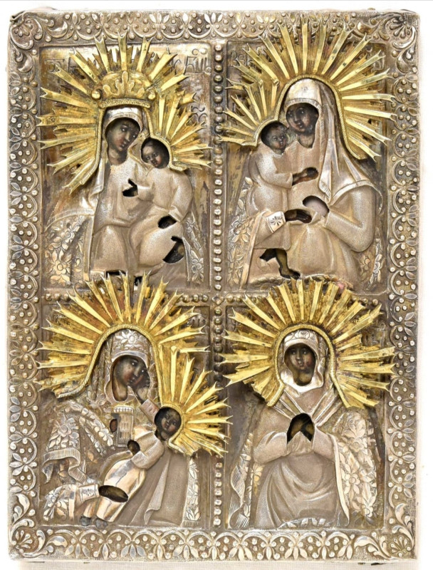 Antique 19c 84 Silver Russian icon of Four Parts (12559)
