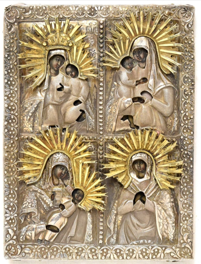 Antique 19c 84 Silver Russian icon of Four Parts (12559)