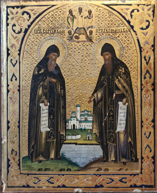 Antique 19c Russian icon of St Sergiy & St German (7211)