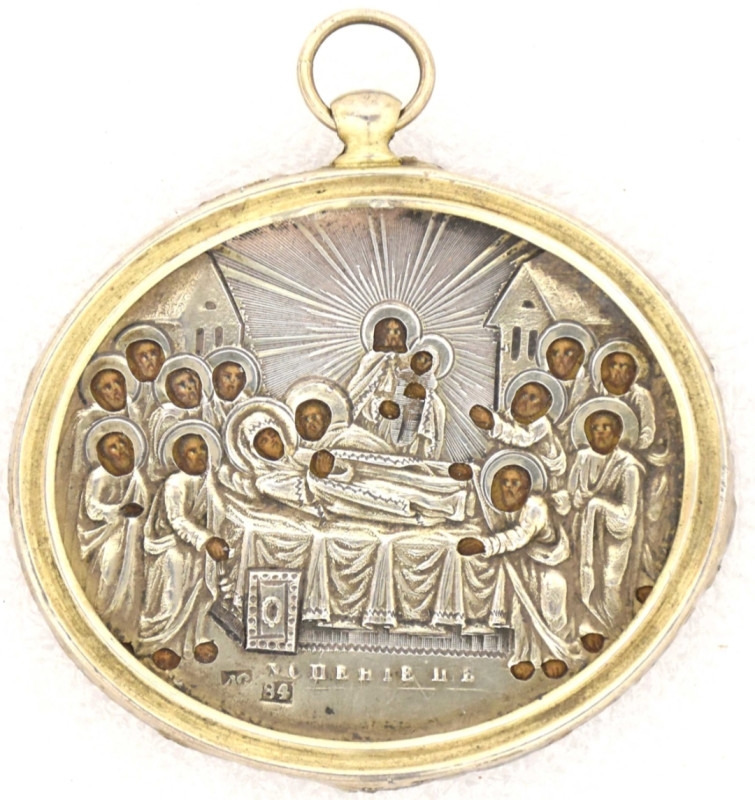 Antique 19c 84 Silver Russian icon of Dormition Pendant (12610)