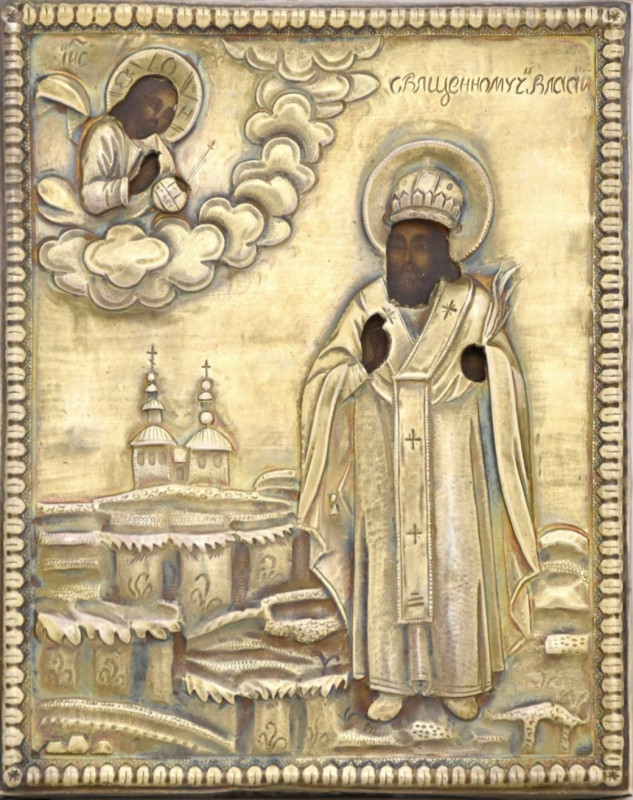 Antique 19c 84 Silver Russian icon of St Blaise Bishop of Sebastea (12582)