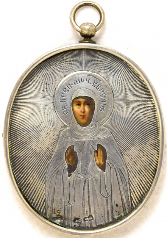 Antique 19c 84 Silver Russian icon Pendant of St Eugenia (12545)