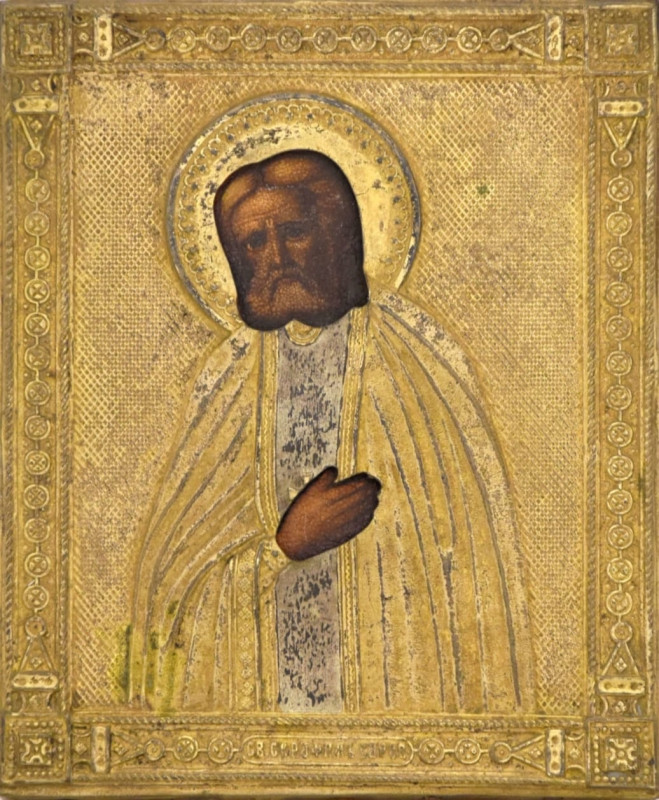 Antique 19c Russian icon of St.Seraphim of Sarov (12811)
