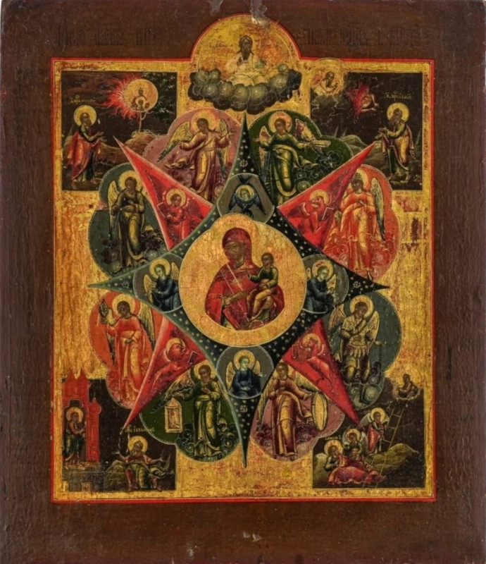 Antique 19c Russian icon of the Burning Bush Mstera School