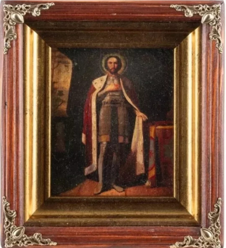 Antique 19c Russian icon of Alexander Nevsky & Kiot