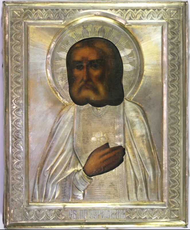 Antique 19c 84 Silver Russian icon of Seraphim of Sarov (46009)