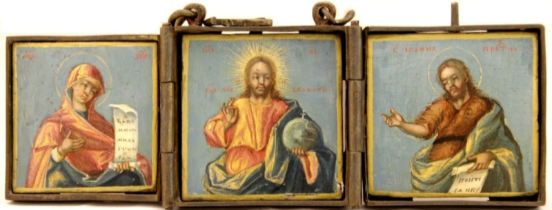 Antique 19c Russian Icon Of Deesis Tryptic (9899)