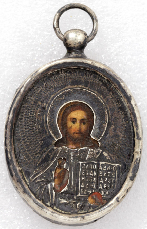 Antique 19c 84 Silver Russian Icon of Christ Pendant (8923)